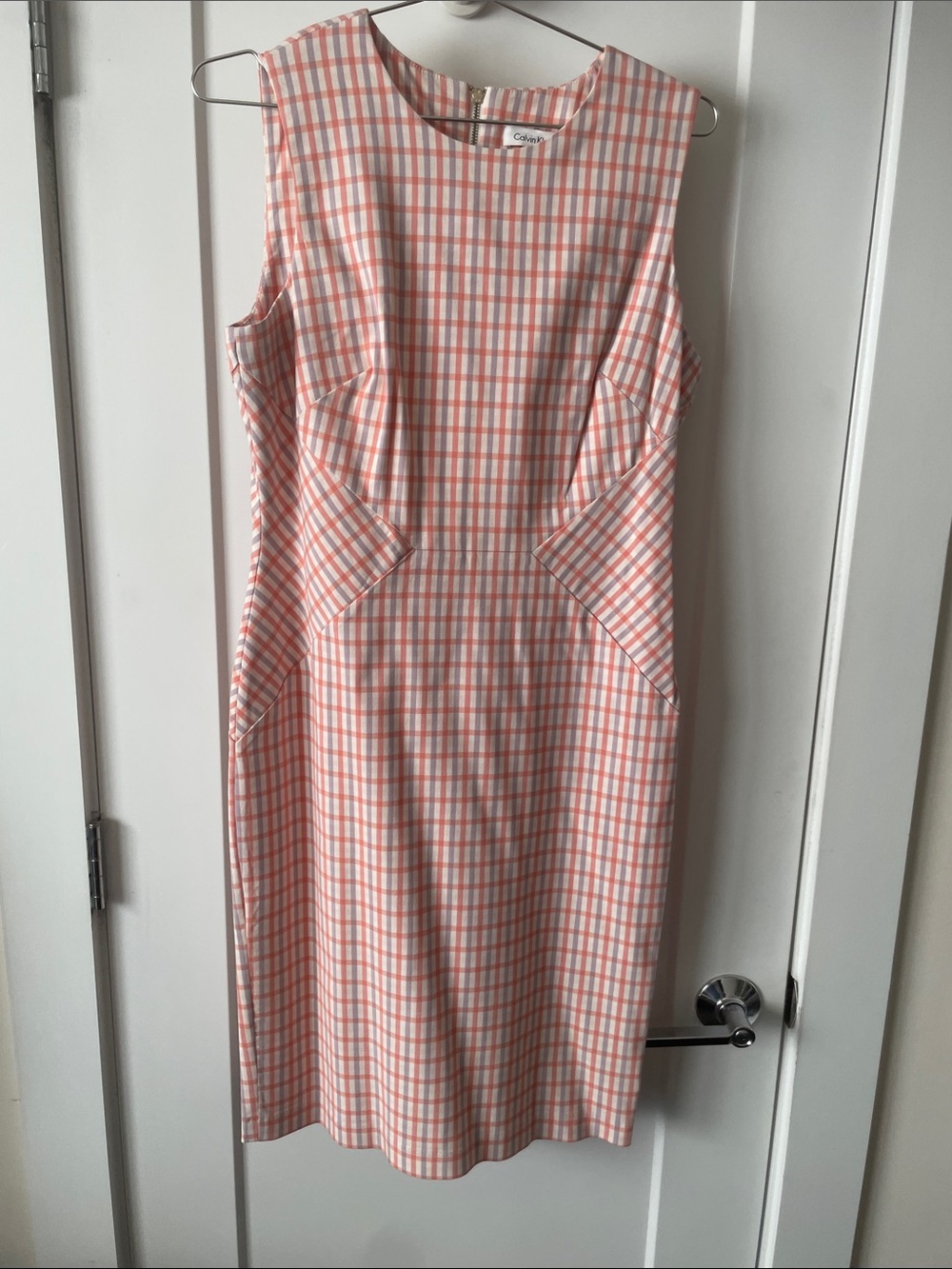 Calvin Klein Coral and White Gingham Sheath Dress